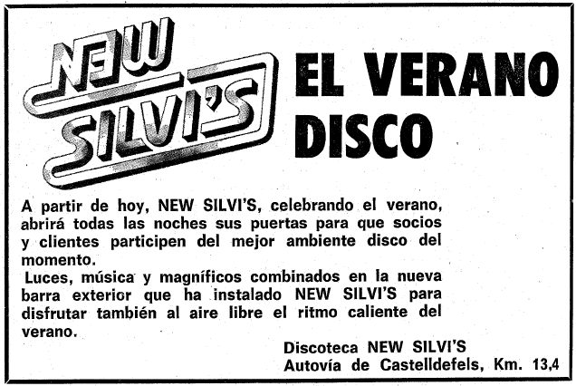 Anuncio de la puesta en funcionamiento de la nueva barra exterior de la discoteca New Silvi's de Gav Mar publicado en el diario LA VANGUARDIA el 26 de Junio de 1981